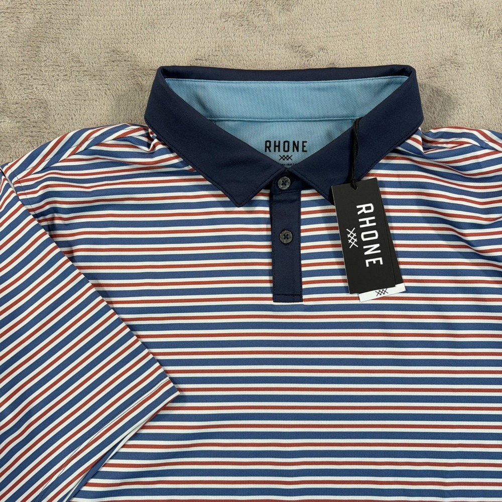 Rhone Golf Sport Golf Polo Shirt Blue Red Striped Men‎ 2XL Performance NWOT $108